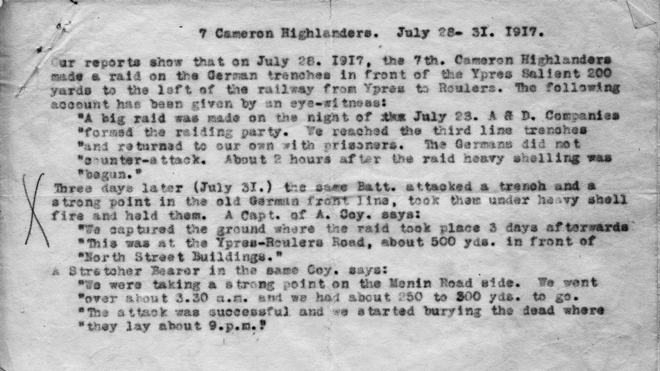 7th Cameron Highlanders report 28-31 July 1917