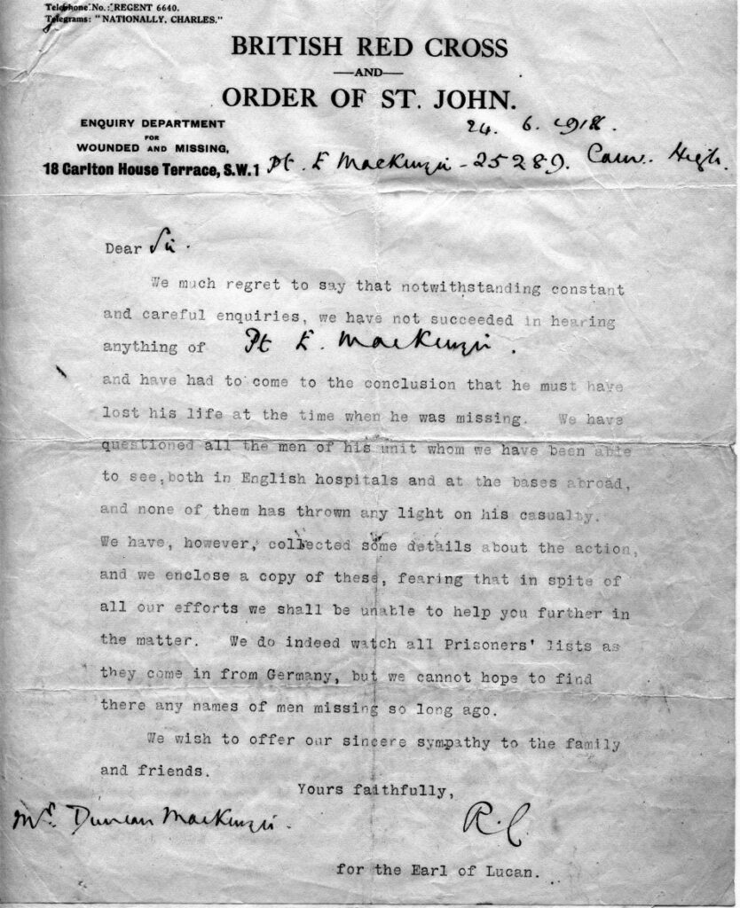 Red Cross letter 24 June 1918 re Ewan Mackenzie