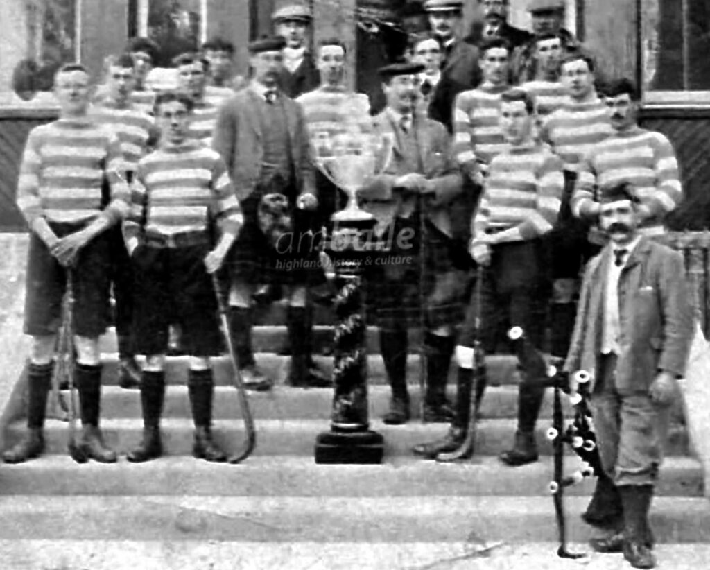 Newtonmore Shinty Team 1907 Second row: J Guild, J Sellar, Sam Macdonald, D Grant- Copyright ambaile